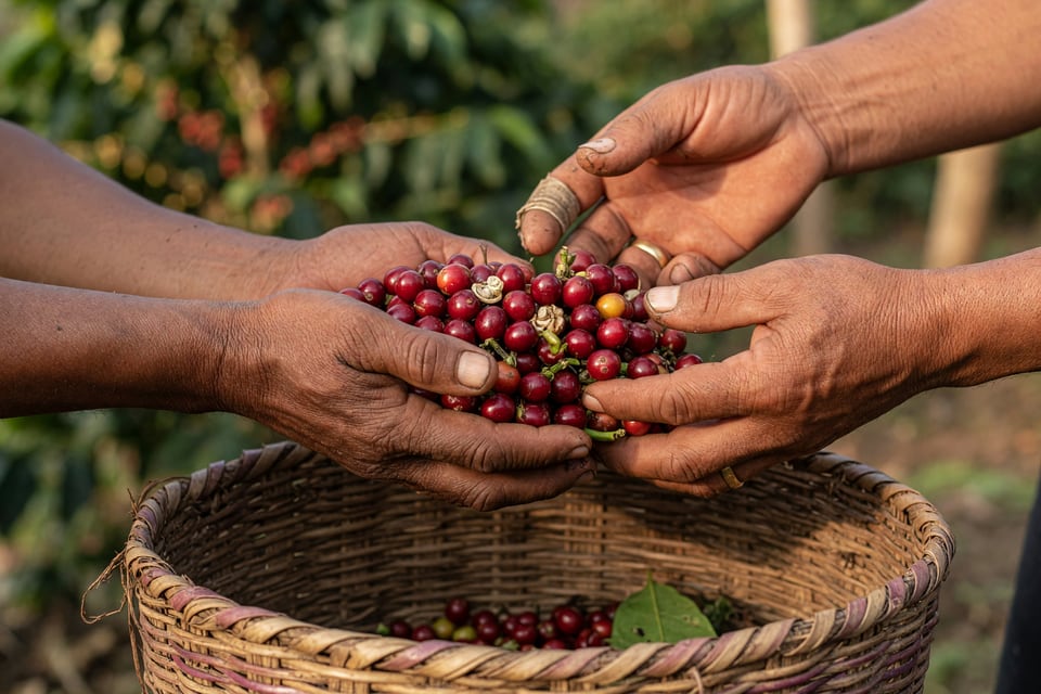 Two pairs of adult hands passing freshly picked coffee cherries over a woven basket